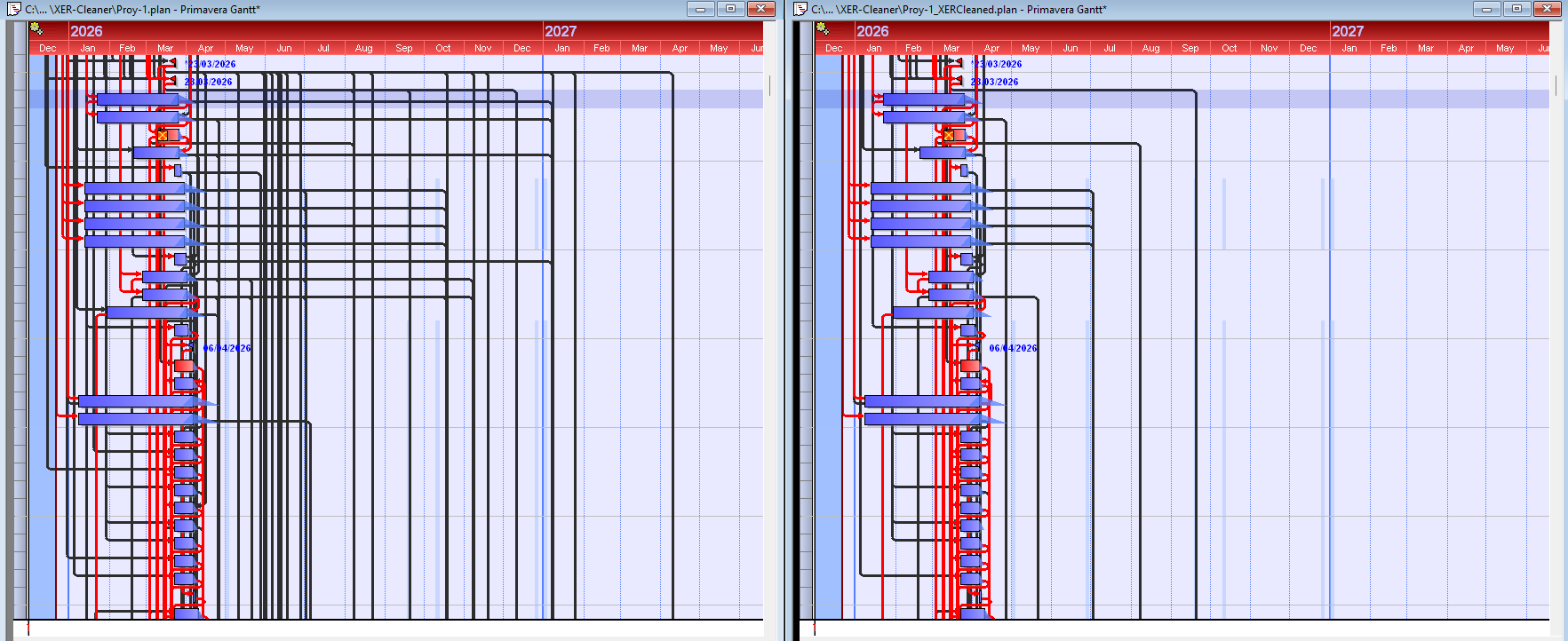 Comparison of a Primavera schedule's logic network before and after removing redundant relationships with XER-Cleaner